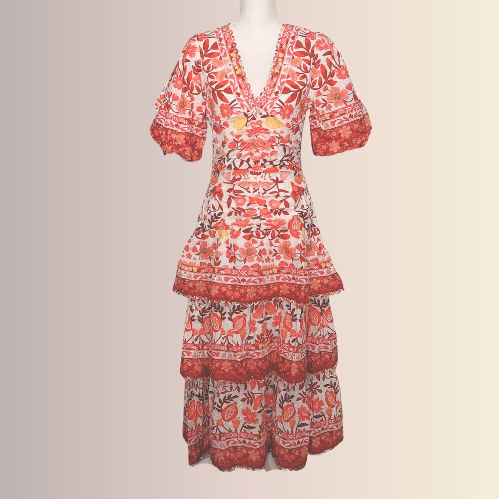 NWT FARM RIO Romantic Orchard Midi Dress sz Small Puff Sleeves Lace Up Back